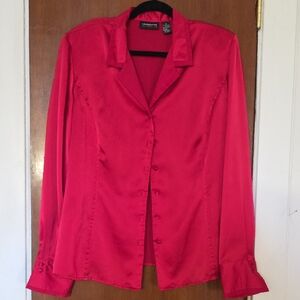 LIZ CLAIBORNE Red Satin Button-Up Blouse EC